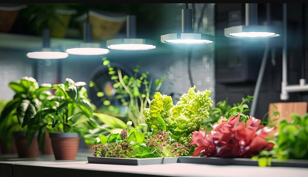 Seedlings growing under an LED grow light