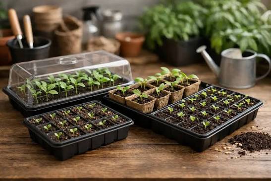 Peat pots, plastic cell trays and soil blocks side by side